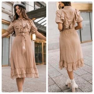 Ivy City Co Millie Polka Dot Ruffle Dress in Tan